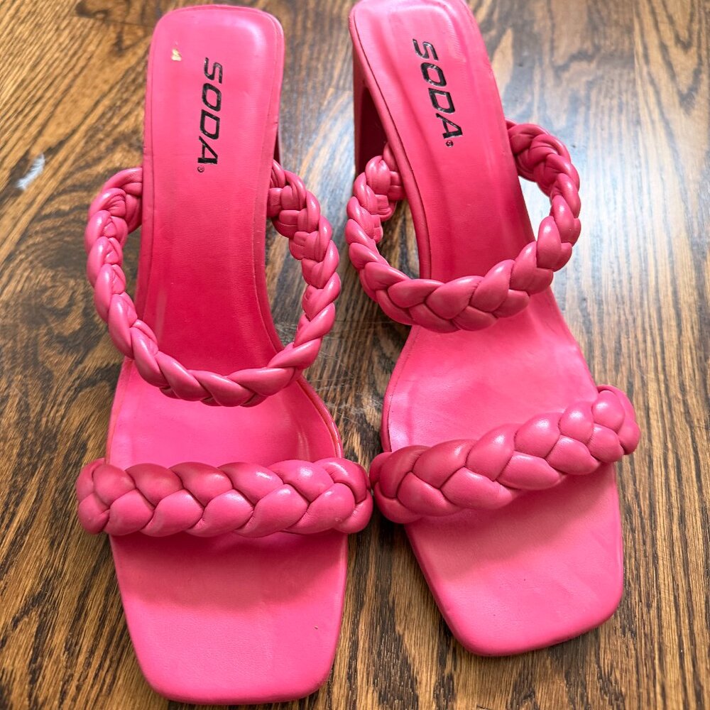 SODA Hot Pink Braided Block Heel Sandals | Slip-On | Statement Shoes
